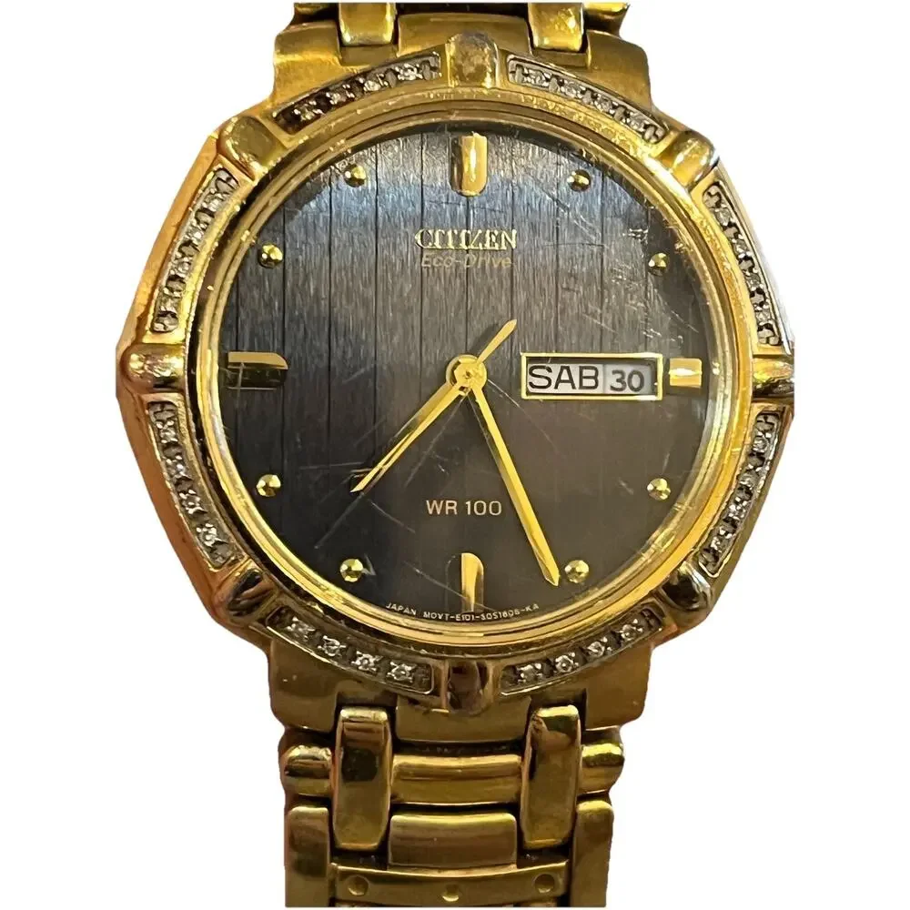 Citizen Eco-Drive Diamond Bezel Gold Tone Day Date Spanish WR100 Watch Works